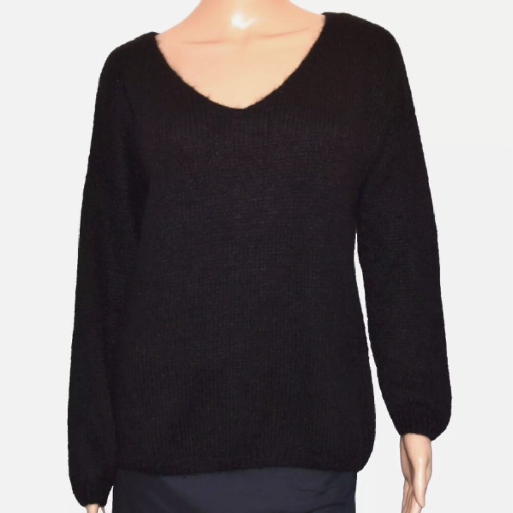 LACOMY Italy Black Mohair Blend V-Neck Lightweight Sweater Size L